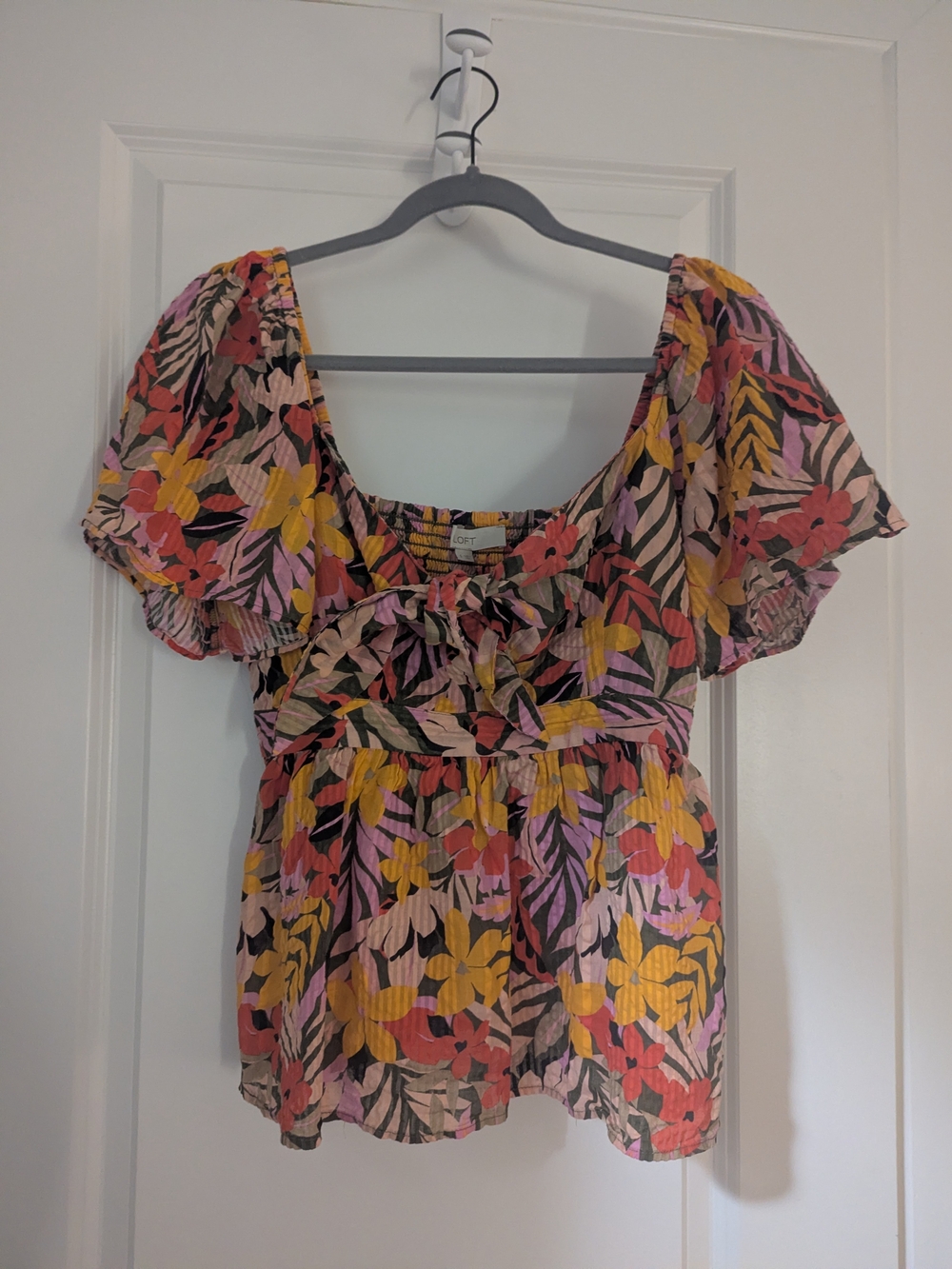 LOFT Floral Scoop Neck Peplum Top - Yellow, Pink, Black